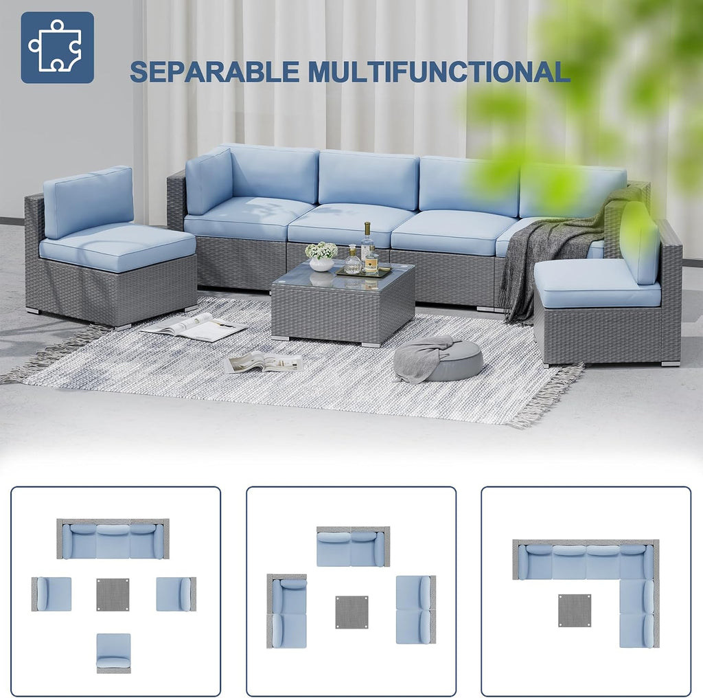 SUNCROWN Outdoor Patio Furniture Set 7 Piece Outdoor Sectional Sofa Grey Wicker Conversation Sofa Set with Coffee Table and Cushions (Light Blue)