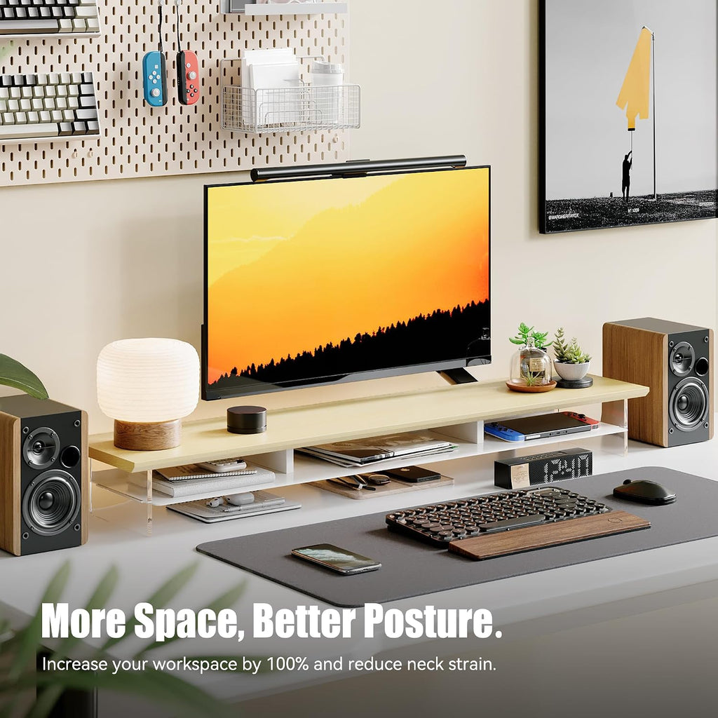 FENSULN Dual‑Tier Monitor Stand for Modern Desk Setup – Minimalist Wooden and Metal Riser Shelf with Transparent Acrylic Feet for Dual Monitors, Laptops, Home Office Aesthetic，Beige and White