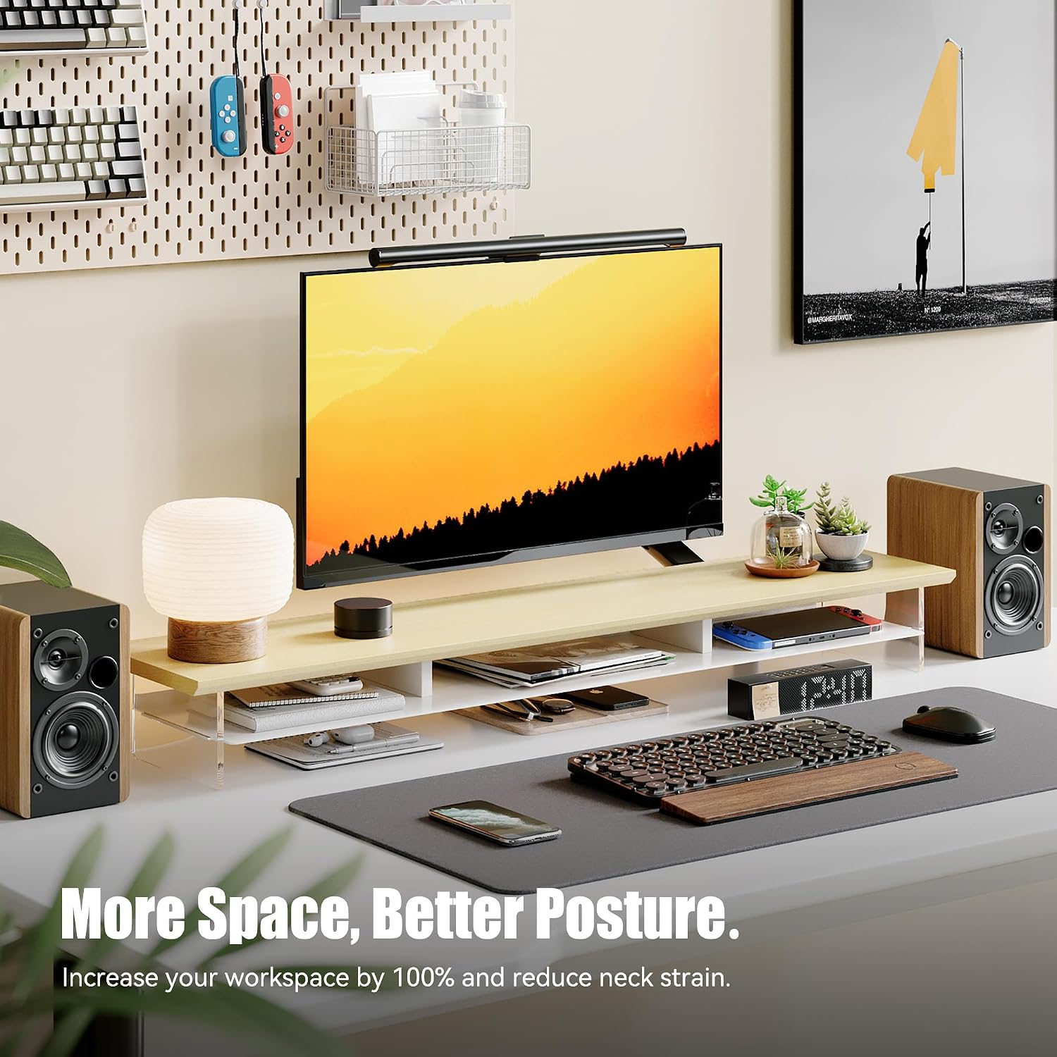 FENSULN Dual‑Tier Monitor Stand for Modern Desk Setup – Minimalist Wooden and Metal Riser Shelf with Transparent Acrylic Feet for Dual Monitors, Laptops, Home Office Aesthetic，Beige and White