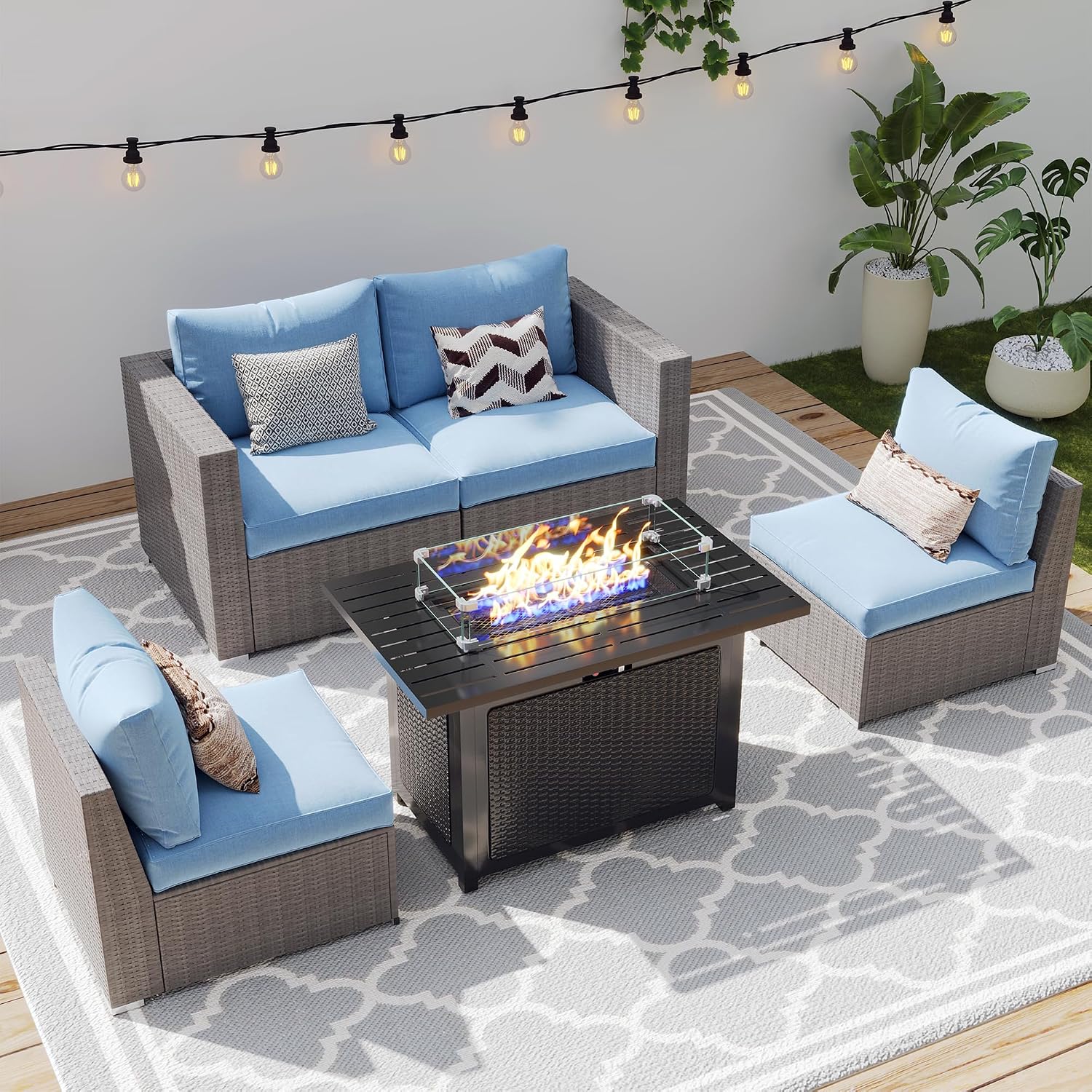Wisteria Lane Patio Furniture Set, 2 Pieces Armless Wicker Outdoor Furniture Patio Couch with Washable Cushions, Oversized Outdoor Sectional for Garden, Poolside, Backyard, Blue