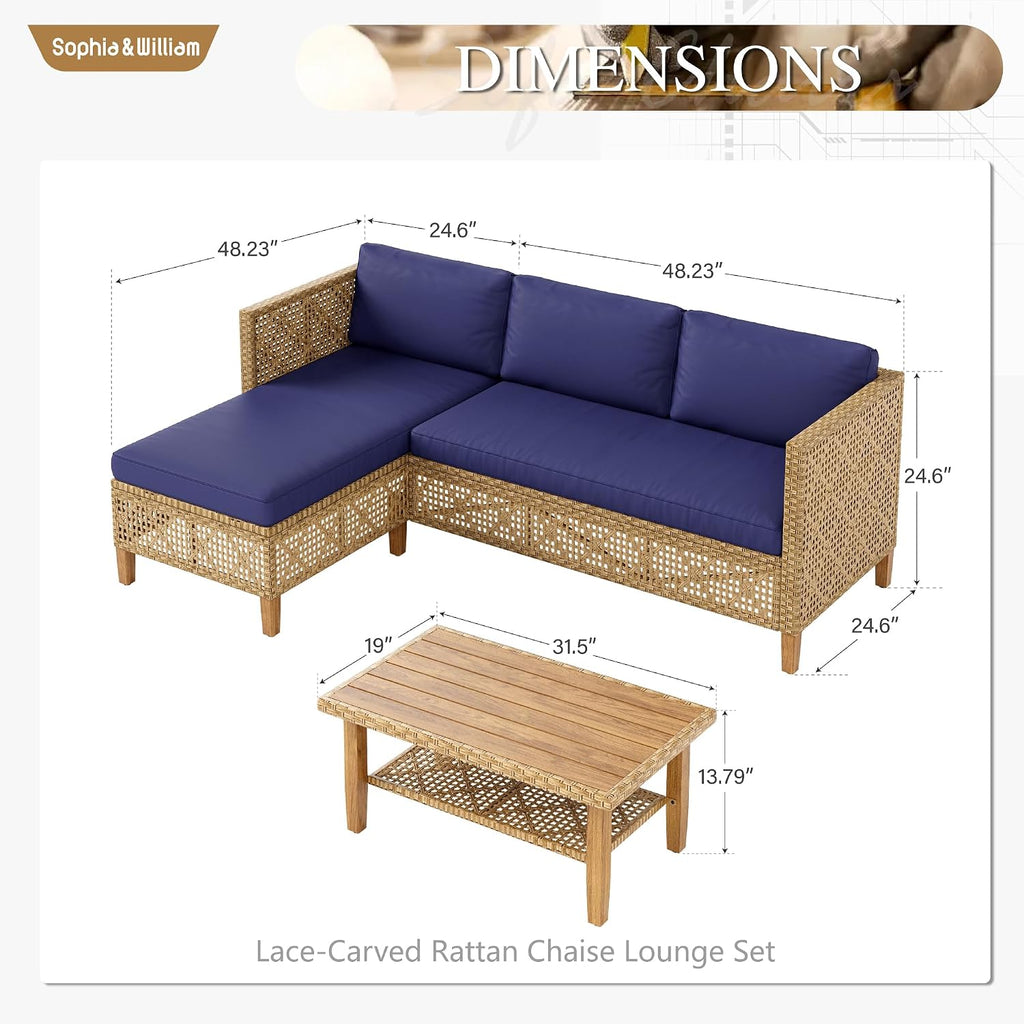 Sophia and William Boho Wicker Patio Furniture Set, Outdoor Rattan Sectional Sets Conversation Set - Weather-Resistant, with Dual Storage Coffee Table Acacia Wood Legs for Garden, Patio & Deck(Blue)