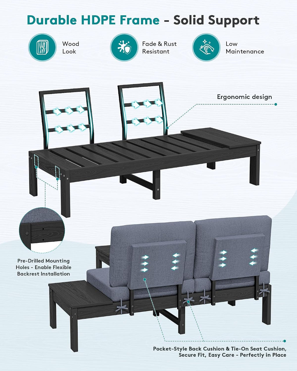 SERWALL HDPE Outdoor Furniture Set, 2 Seats Outdoor Sectional with Coffee Table, All Weather Patio Sofas, Outdoor Conversation Sets with Adjustable Backrest Sofa for Backyard, Garden, Black with Grey