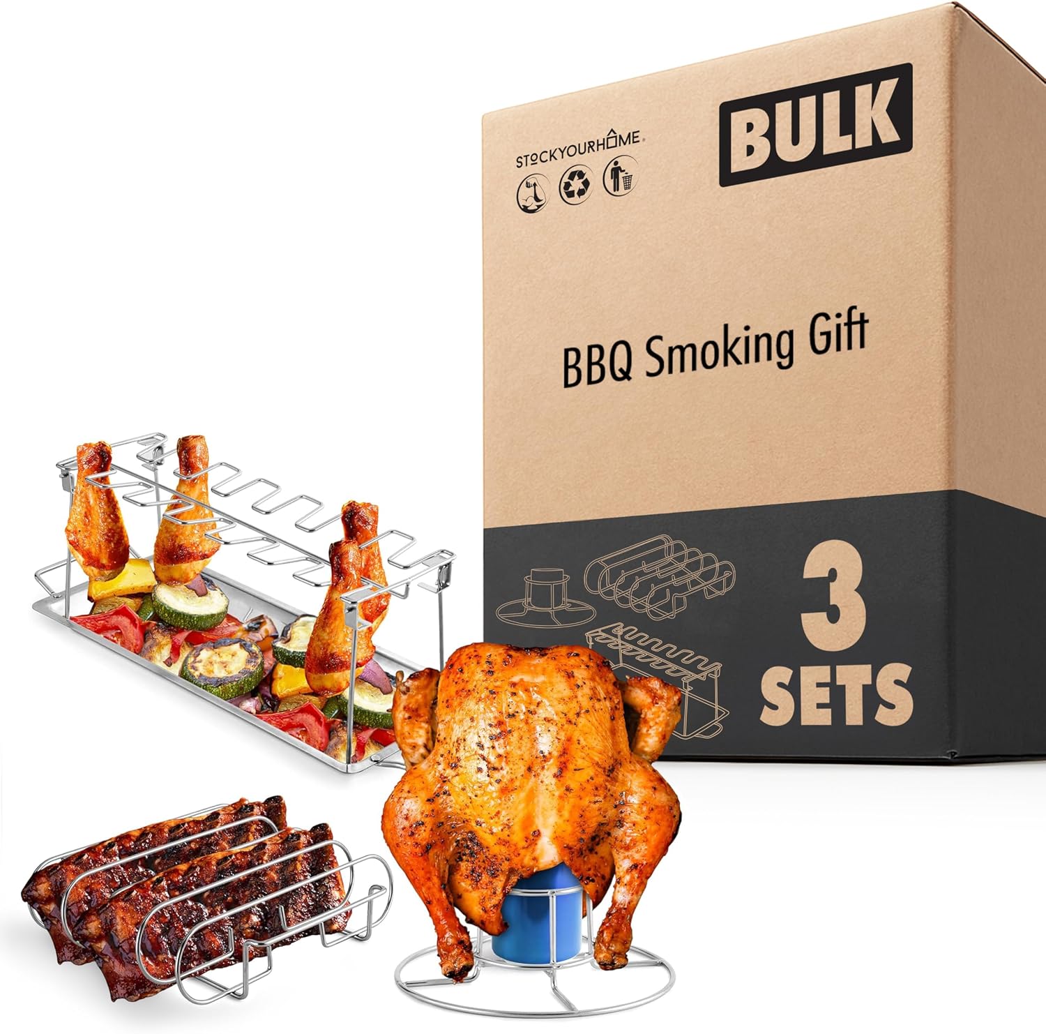 Modern Innovations Grill Rack Set (3 Pack), Chicken Leg Rack, Beer Can Chicken Holder, Rib Rack, Smoker Accessories and BBQ Gift Set