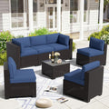 7 Piece Patio Furniture Set, Wicker Patio Conversation Sets, Outdoor Sectional Furniture with Tempered Glass Table, for Backyard, Deck, Garden, Dark Brown Rattan & Navy Blue Cushions