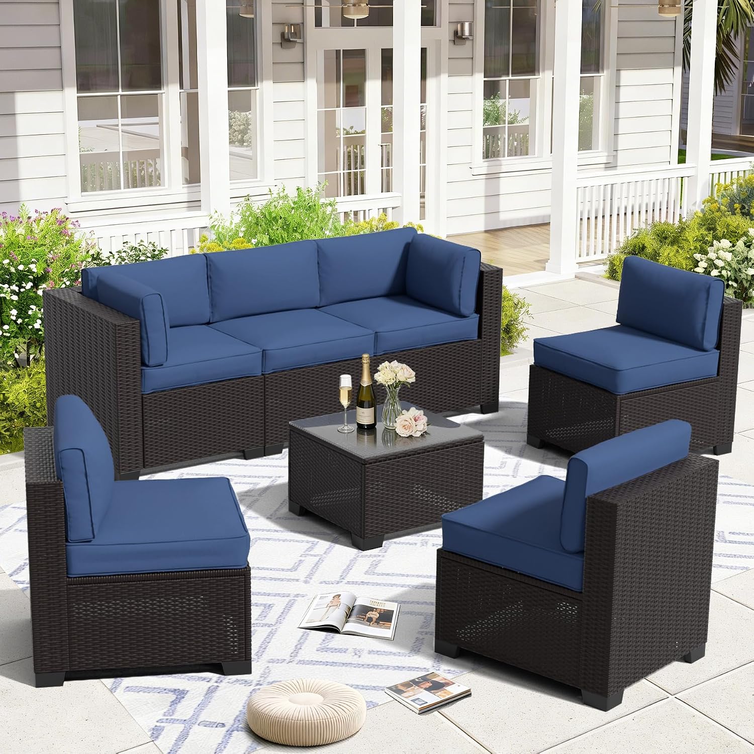 7 Piece Patio Furniture Set, Wicker Patio Conversation Sets, Outdoor Sectional Furniture with Tempered Glass Table, for Backyard, Deck, Garden, Dark Brown Rattan & Navy Blue Cushions