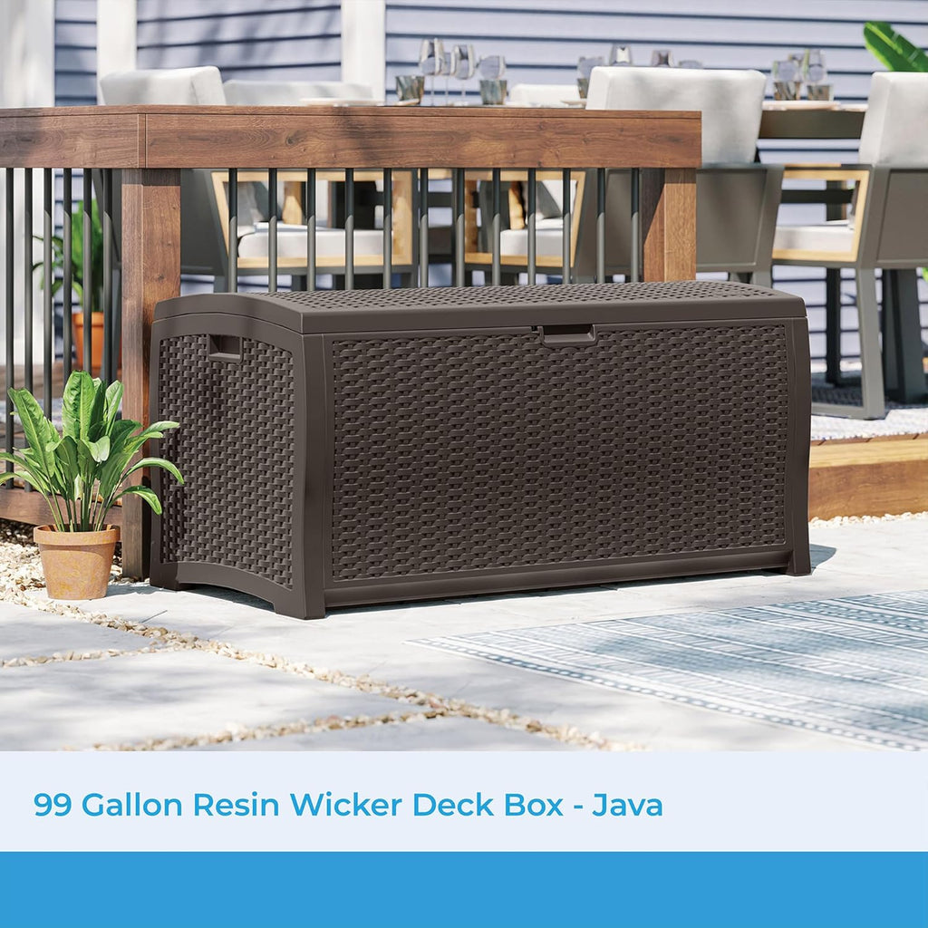 Suncast DBW9200 99 Gallon Outdoor Wicker resin Patio Storage Chest Bin with Handles for Patio, Garden, Garage, or Pool for All Weather, Mocha
