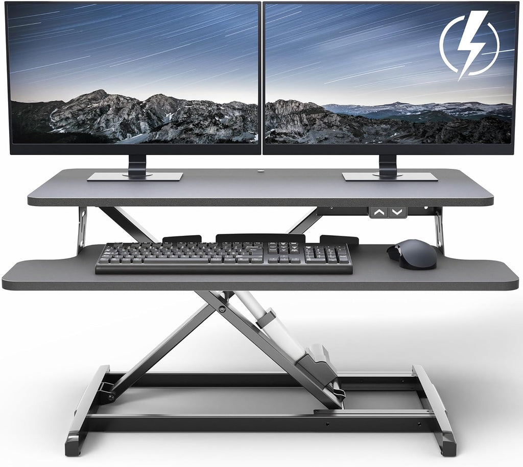 VIVO 32 inch Electric Motor Desk Converter, Height Adjustable Riser, Sit to Stand Dual Monitor and Laptop Workstation with Wide Keyboard Tray, Black, DESK-VE32B