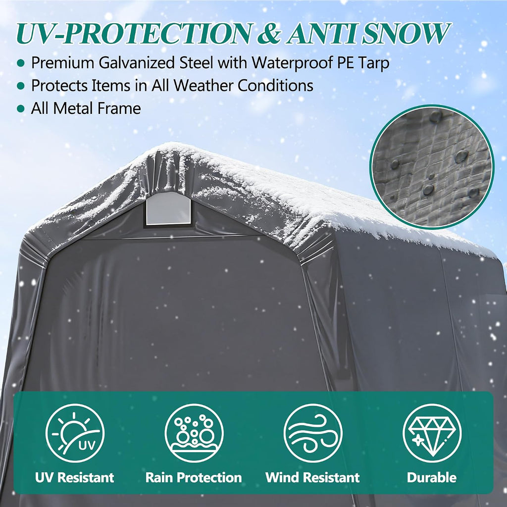GARTOO 7' x 12' Outdoor Storage Shed- Heavy Duty Storage Shelter Tent with Roll-up Ventilated Door, Portable Garage Zipper Storage shed for Bike, ATV, Motorcycle Shelter, Gray
