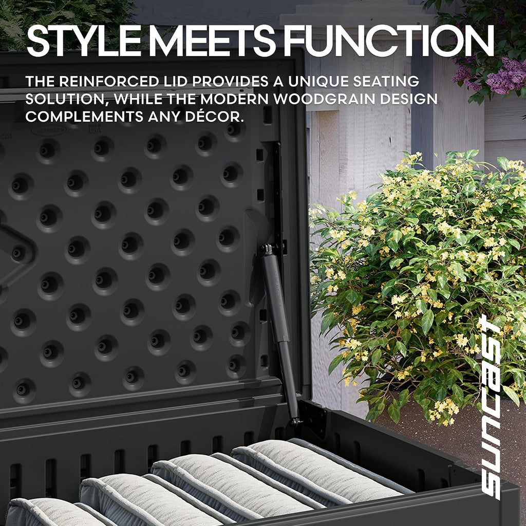 Suncast 80-Gal. Resin Large Outdoor Patio Deck Box with Pad-Lockable Lid, Modern Outdoor Patio Bench/Storage Box for Cushions, Garden Tools, and More, Iron Ore