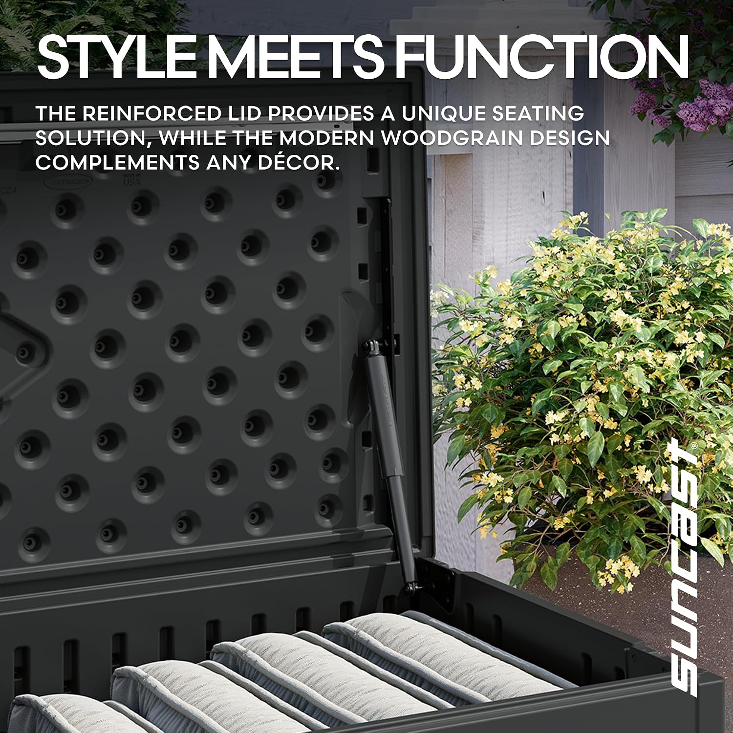 Suncast 80-Gal. Resin Large Outdoor Patio Deck Box with Pad-Lockable Lid, Modern Outdoor Patio Bench/Storage Box for Cushions, Garden Tools, and More, Iron Ore