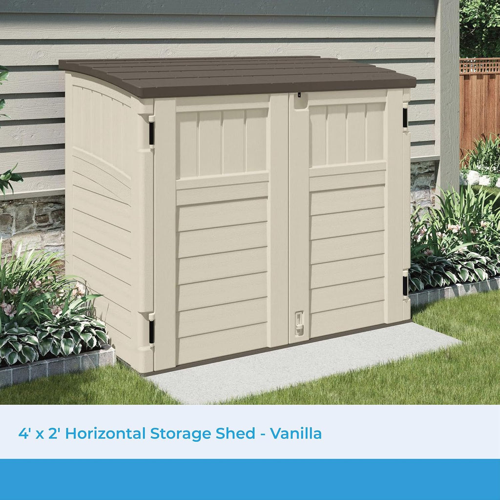 Suncast 4 Pack 34 Cu Ft Capacity Horizontal Outdoor Storage Shed for Garbage Cans, Garden Accessories, Backyard, and Patio Use, Vanilla
