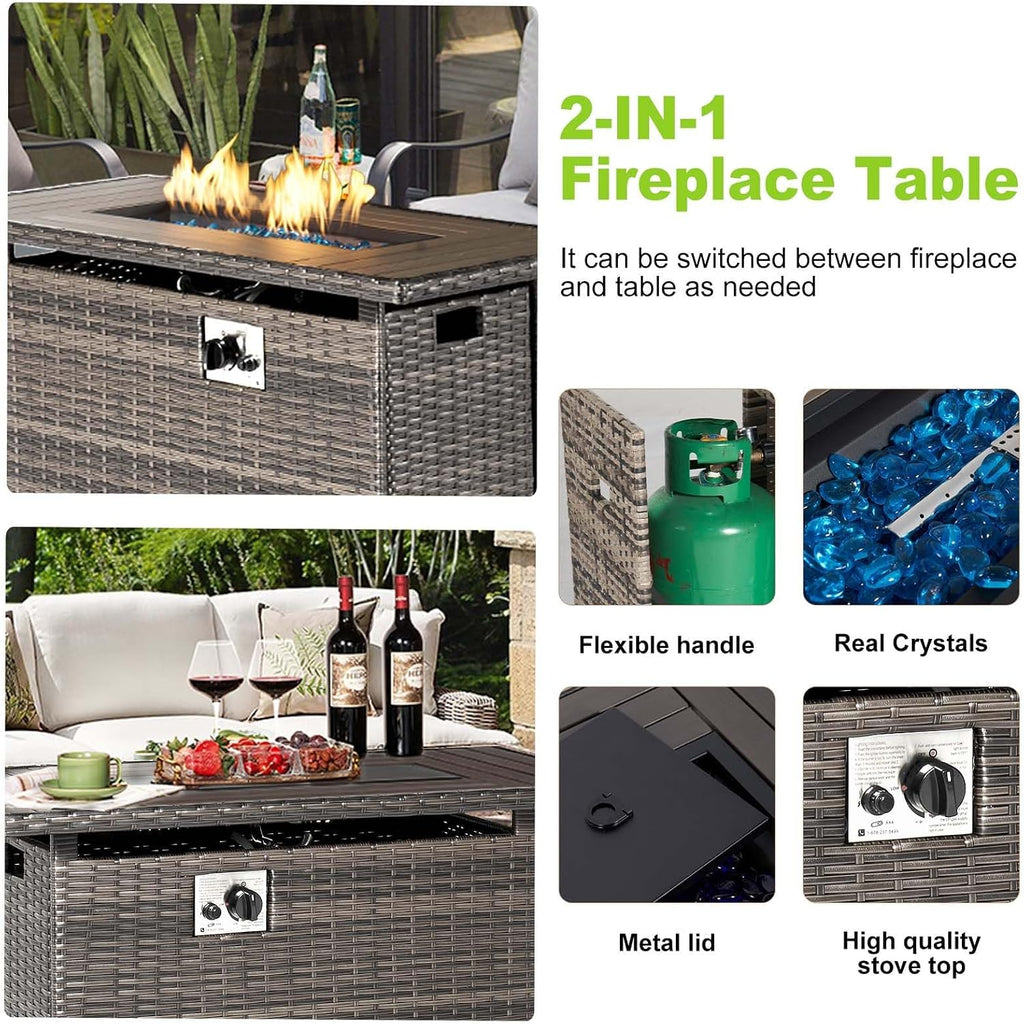 Aoxun 44' Propane Fire Pit 50,000 BTU Outdoor Wicker Fire Table with Wood-grainTabletop Patio Rectangular 2-in-1 Gas Fire Pit Table with Firepit Lid and Waterproof Cover（Gray）