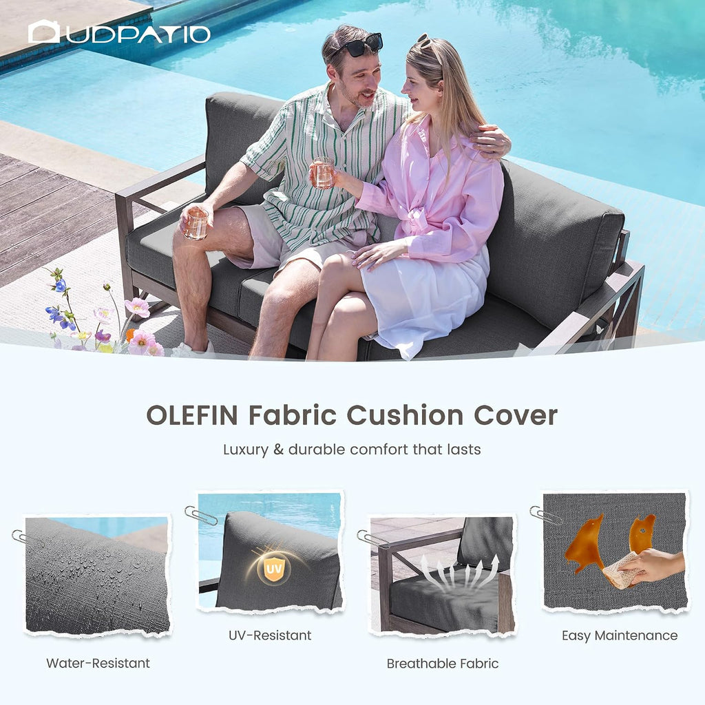 UDPATIO Aluminum Patio Furniture Set, Faux Wood Grain Modern Outdoor Furniture, 6' Cushions Metal Patio Conversation Sofa with Coffee Table for Poolside Deck, 5 PCS, Dark Grey(Include 600D Covers)