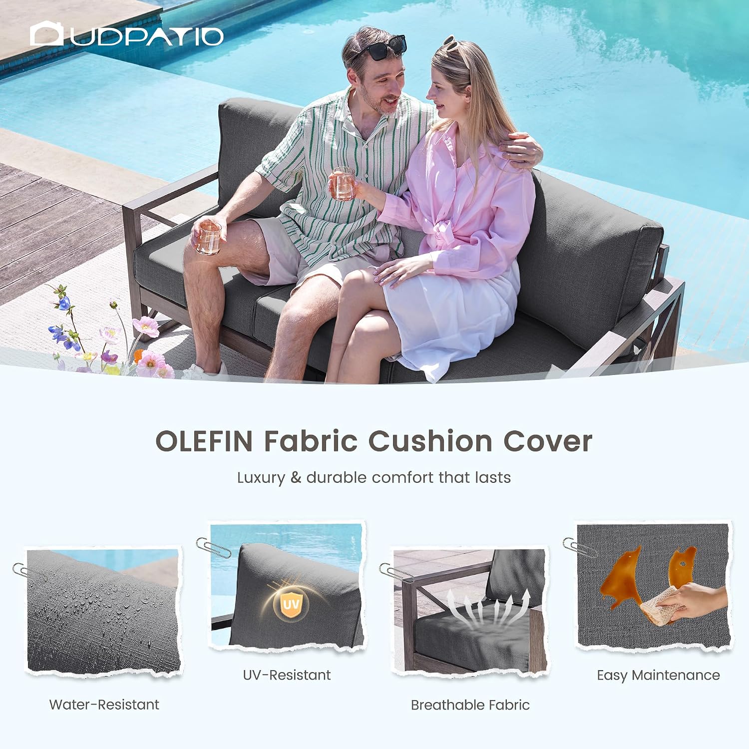 UDPATIO Aluminum Patio Furniture Set, Faux Wood Grain Modern Outdoor Furniture, 6' Cushions Metal Patio Conversation Sofa with Coffee Table for Poolside Deck, 5 PCS, Dark Grey(Include 600D Covers)