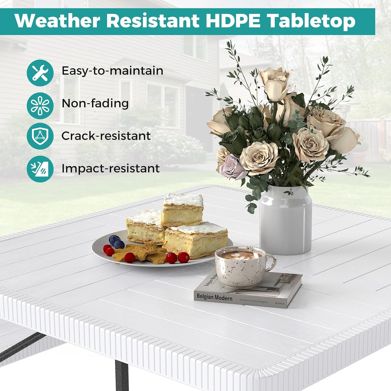 Giantex Picnic Table Bench Set for 4-8 People, 34' Outdoor Square Dining Table & 2 Benches w/Umbrella Hole, HDPE Tabletop, Metal Frame, Patio Camping Furniture for Backyard Porch Lawn (White,Square)