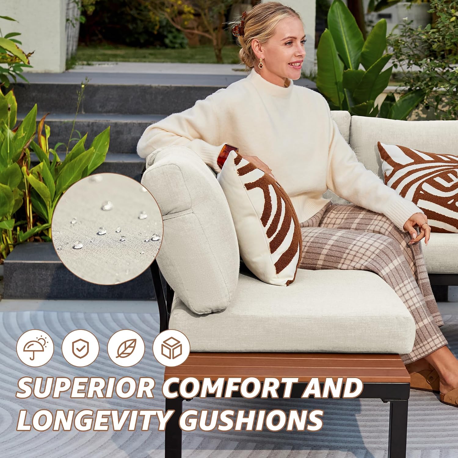 NATURAL EXPRESSIONS Outdoor Furniture Set, L Shape Patio Sectional, Metal Corner Couch Sofa Set with Side Tables, Detachable Backrest, Fauxwood Coffee Table, Beige Olefin Cushions for Garden Deck