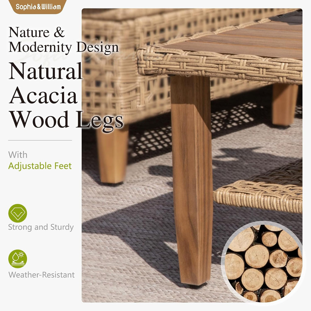 Sophia and William Boho Wicker Patio Furniture Set, Outdoor Rattan Sectional Sets Conversation Set - Weather-Resistant, with Dual Storage Coffee Table Acacia Wood Legs for Garden, Patio & Deck(Blue)