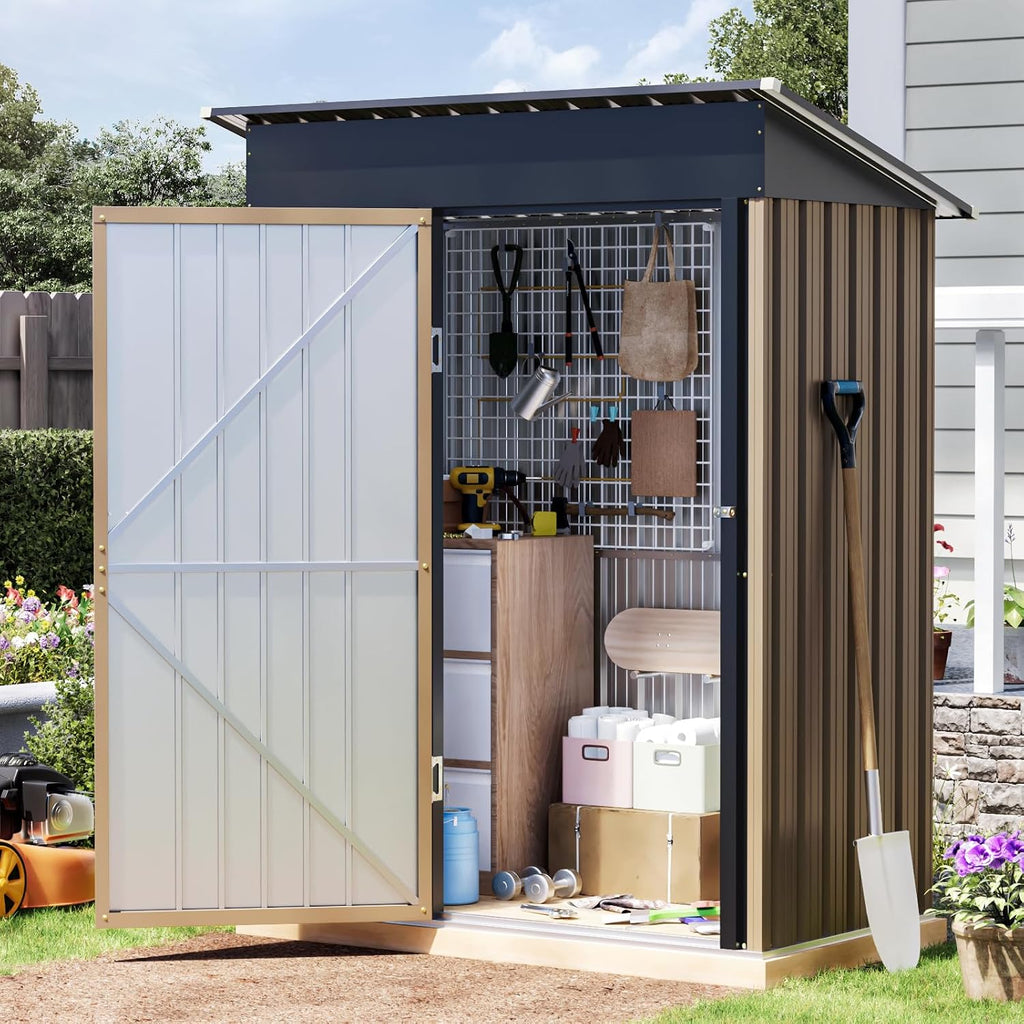 3x5 FT Outdoor Metal Storage Shed with Floor Frame, Single Door, 1 Clear Window, Tool Shed for Garden, Patio, Backyard Brown