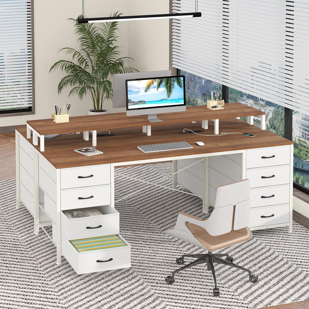 YOMILUVE 60 Inch Computer Desk with 8 Fabric Drawers, Gaming Desk with LED Lights & Power Outlets, Home Office Desk with Monitor Stand, Brown and White