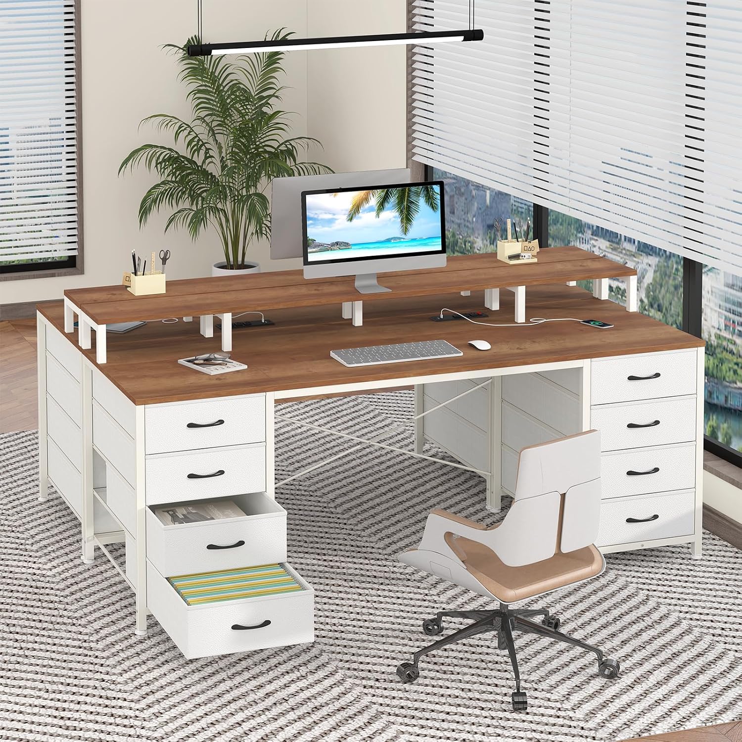 YOMILUVE 60 Inch Computer Desk with 8 Fabric Drawers, Gaming Desk with LED Lights & Power Outlets, Home Office Desk with Monitor Stand, Brown and White