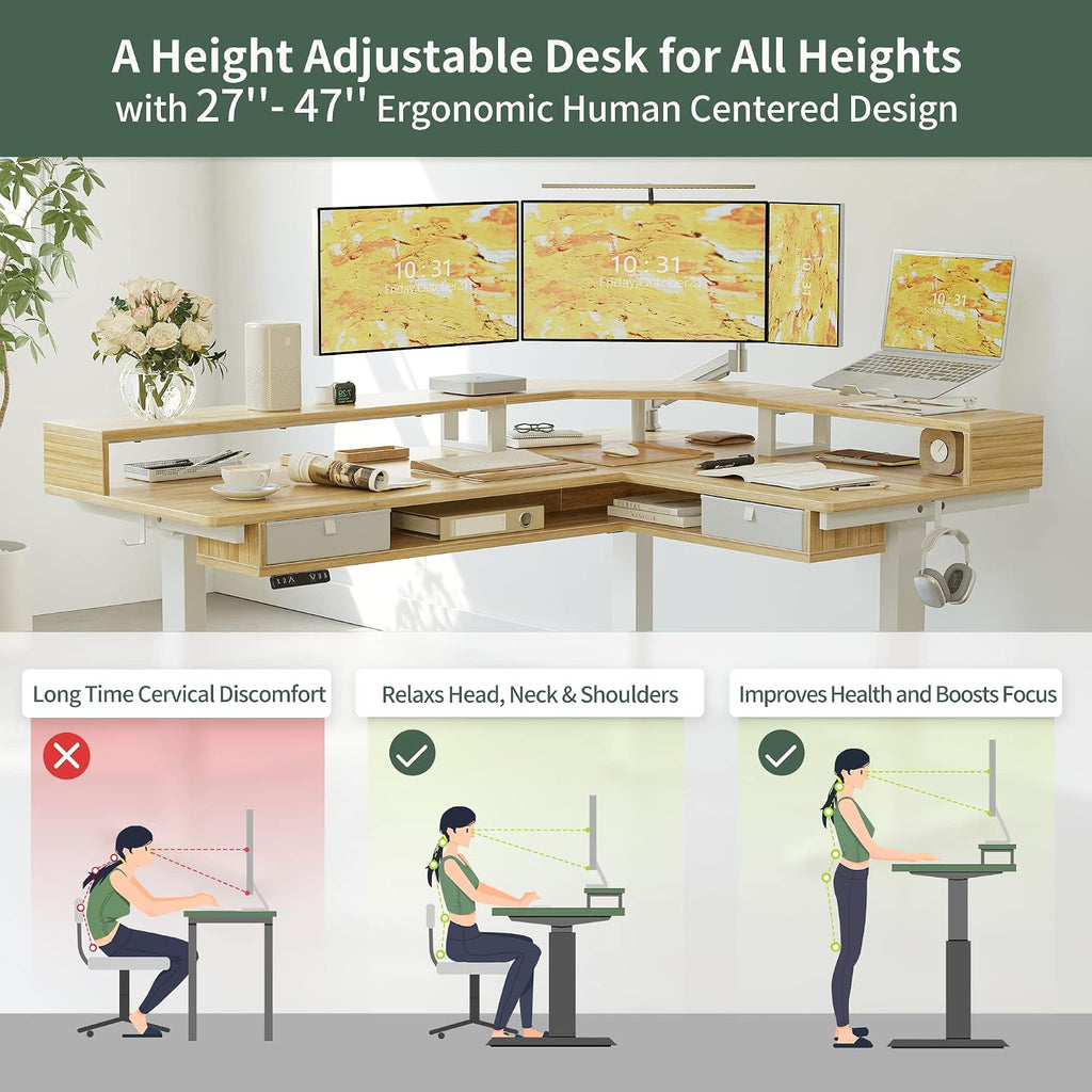 FEZIBO 63'x49' L Shaped Standing Desk with LED Strip & 2 Drawers, Upper and Lower Storage Shelves Available, Electric Height Adjustable, for Gaming, Office, Natural（2 Packages）