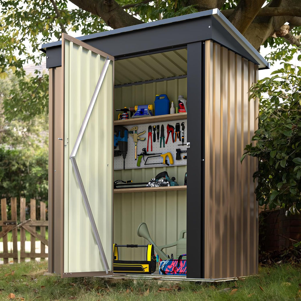 Devoko Outdoor Storage Shed 5 x 3 FT Lockable Metal Garden Shed Steel Anti-Corrosion Storage House with Single Lockable Door for Backyard Outdoor Patio (Brown)