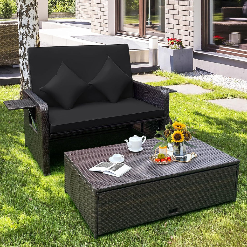 Tangkula Patio Rattan Daybed with 4-Level Adjustable Backrest, Outdoor PE Wicker Loveseat with Storage Ottoman & Folding Side Tray, Double Sunbed Lounger for Balcony, Backyard & Poolside, Black