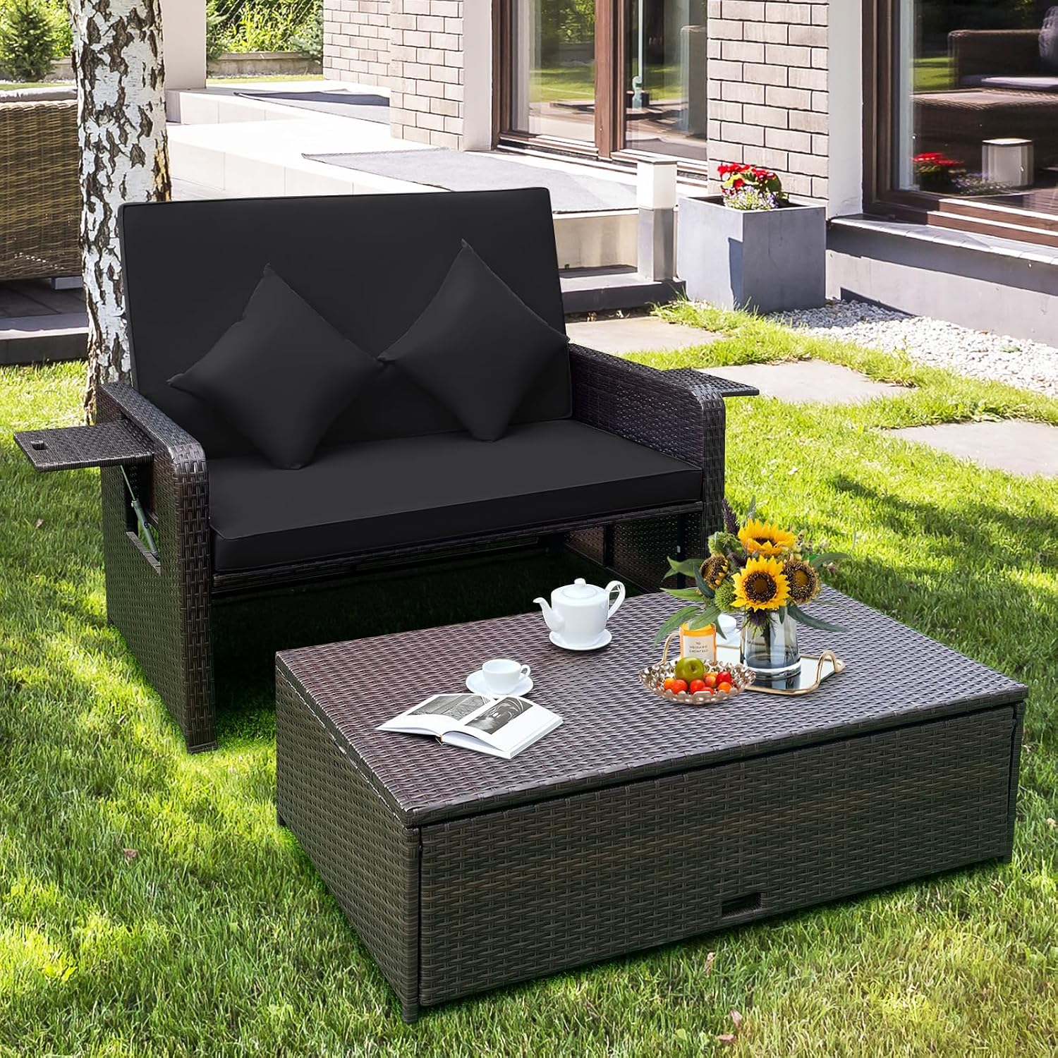 Tangkula Patio Rattan Daybed with 4-Level Adjustable Backrest, Outdoor PE Wicker Loveseat with Storage Ottoman & Folding Side Tray, Double Sunbed Lounger for Balcony, Backyard & Poolside, Black