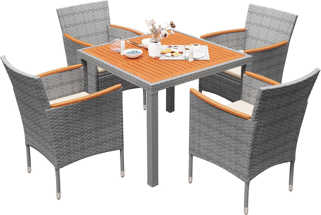 Devoko 5 PCS Furniture, Patio Conversation Set with Acacia Wood Top, Rattan Outdoor Dining Table and Chairs for Backyard, Garden, Deck, Grey