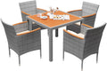 Devoko 5 PCS Furniture, Patio Conversation Set with Acacia Wood Top, Rattan Outdoor Dining Table and Chairs for Backyard, Garden, Deck, Grey