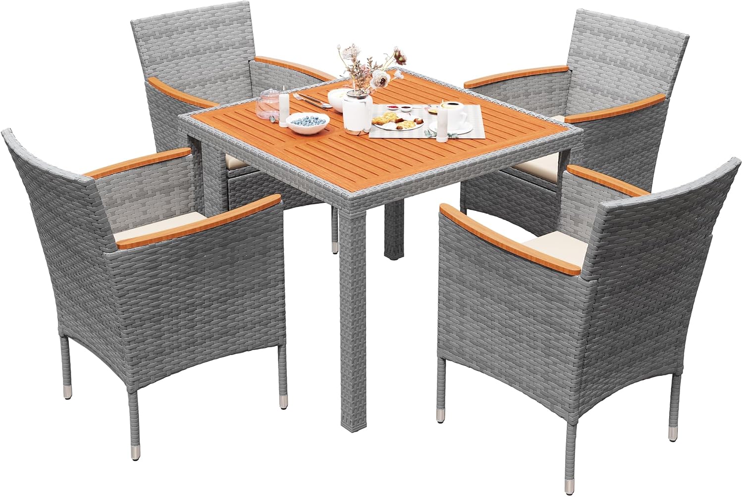 Devoko 5 PCS Furniture, Patio Conversation Set with Acacia Wood Top, Rattan Outdoor Dining Table and Chairs for Backyard, Garden, Deck, Grey