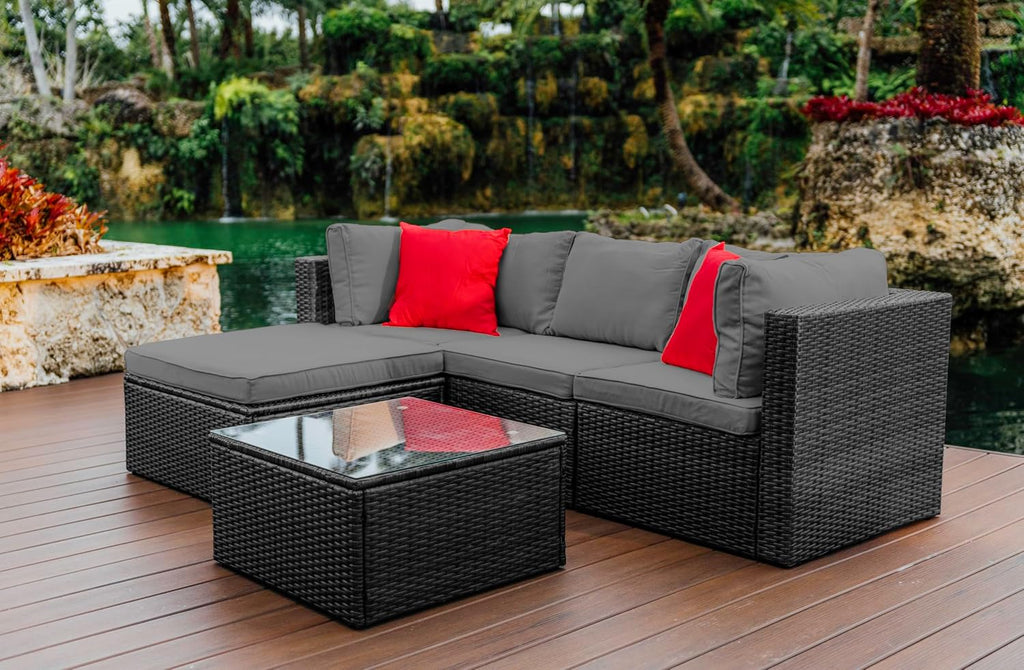 Nestl Outdoor Sectional Patio Furniture Set – 5 Piece Outdoor Patio Furniture Set with Outdoor Couch and Sectional Seating - Black with Charcoal Grey Cushions
