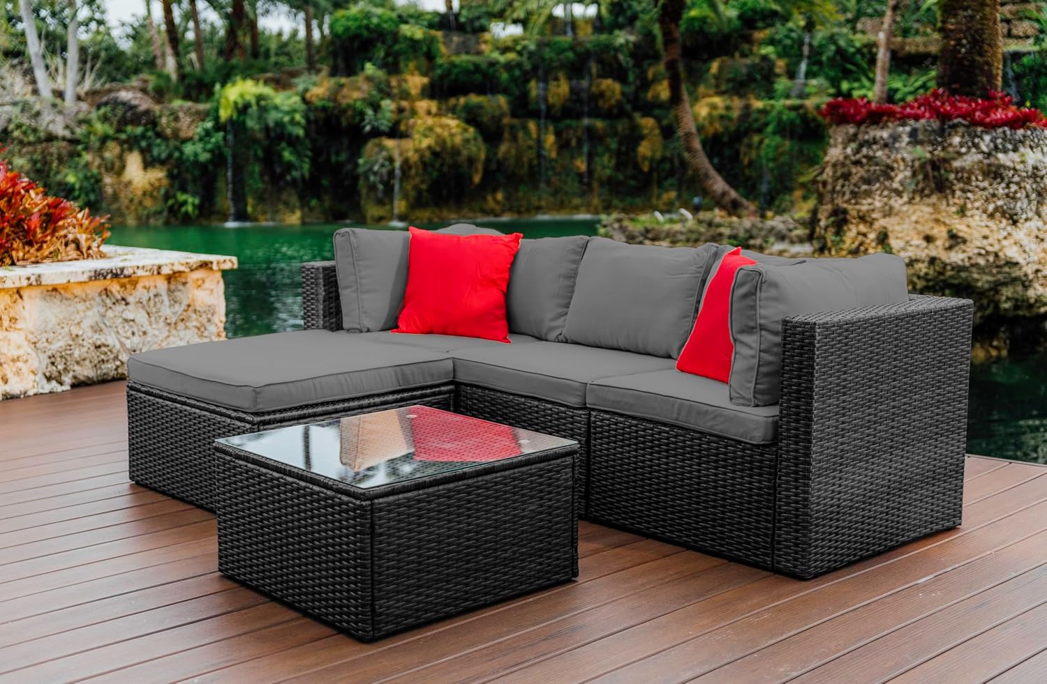 Nestl Outdoor Sectional Patio Furniture Set – 5 Piece Outdoor Patio Furniture Set with Outdoor Couch and Sectional Seating - Black with Charcoal Grey Cushions