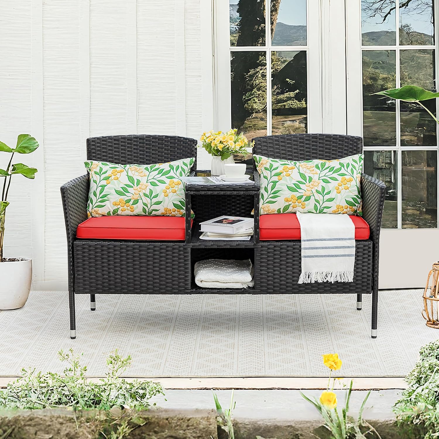 Devoko Outdoor Patio Loveseat Modern Rattan 2-Seat Patio Conversation Set with Cushions & Built-in Coffee Table Porch Furniture for Garden Lawn Backyard (Red)