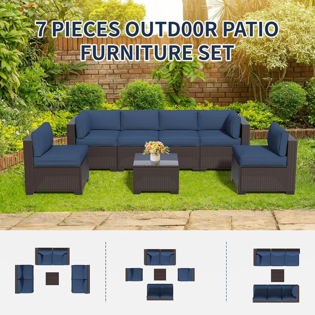 7 Piece Patio Furniture Set, Wicker Patio Conversation Sets, Outdoor Sectional Furniture with Tempered Glass Table, for Backyard, Deck, Garden, Dark Brown Rattan & Navy Blue Cushions