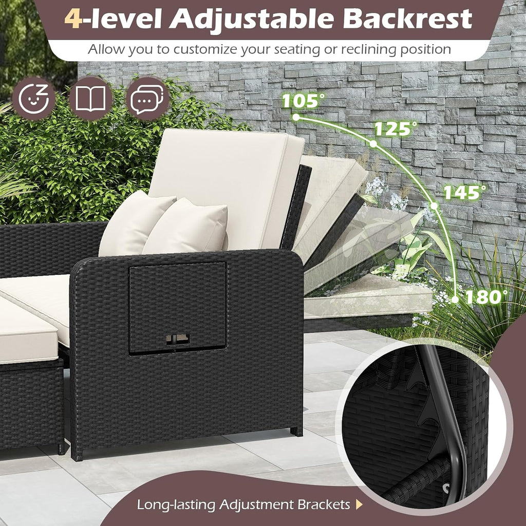 Tangkula Patio Rattan Daybed with 4-Level Adjustable Backrest, Outdoor PE Wicker Loveseat with Storage Ottoman & Folding Side Tray, Double Sunbed Lounger for Balcony, Backyard & Poolside (White)