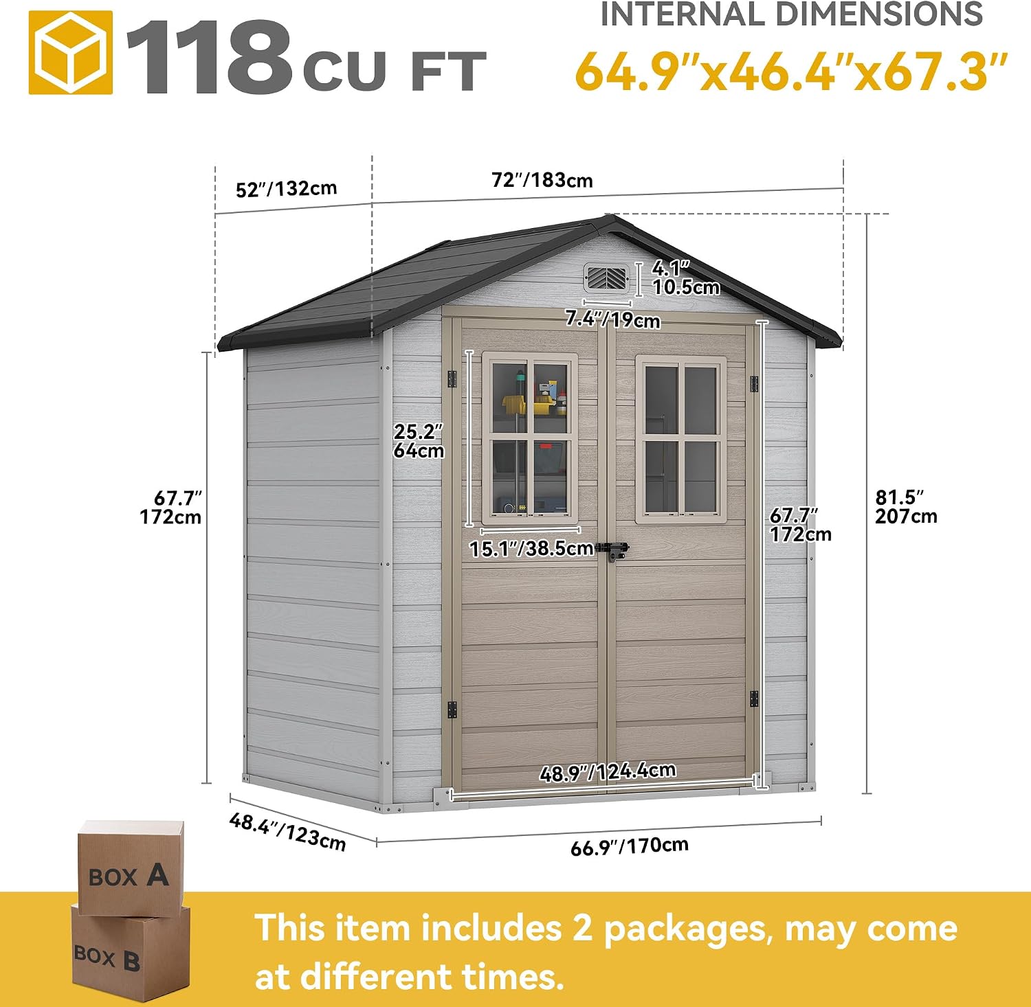 DWVO 6x4.4 FT Outdoor Storage Shed, Plastic Garden Tool Shed with 2 Windows, Double-Wall Outside Shed for Lawn Mower, Garden Tool for Backyard Patio, Lockable, Greige&Gray