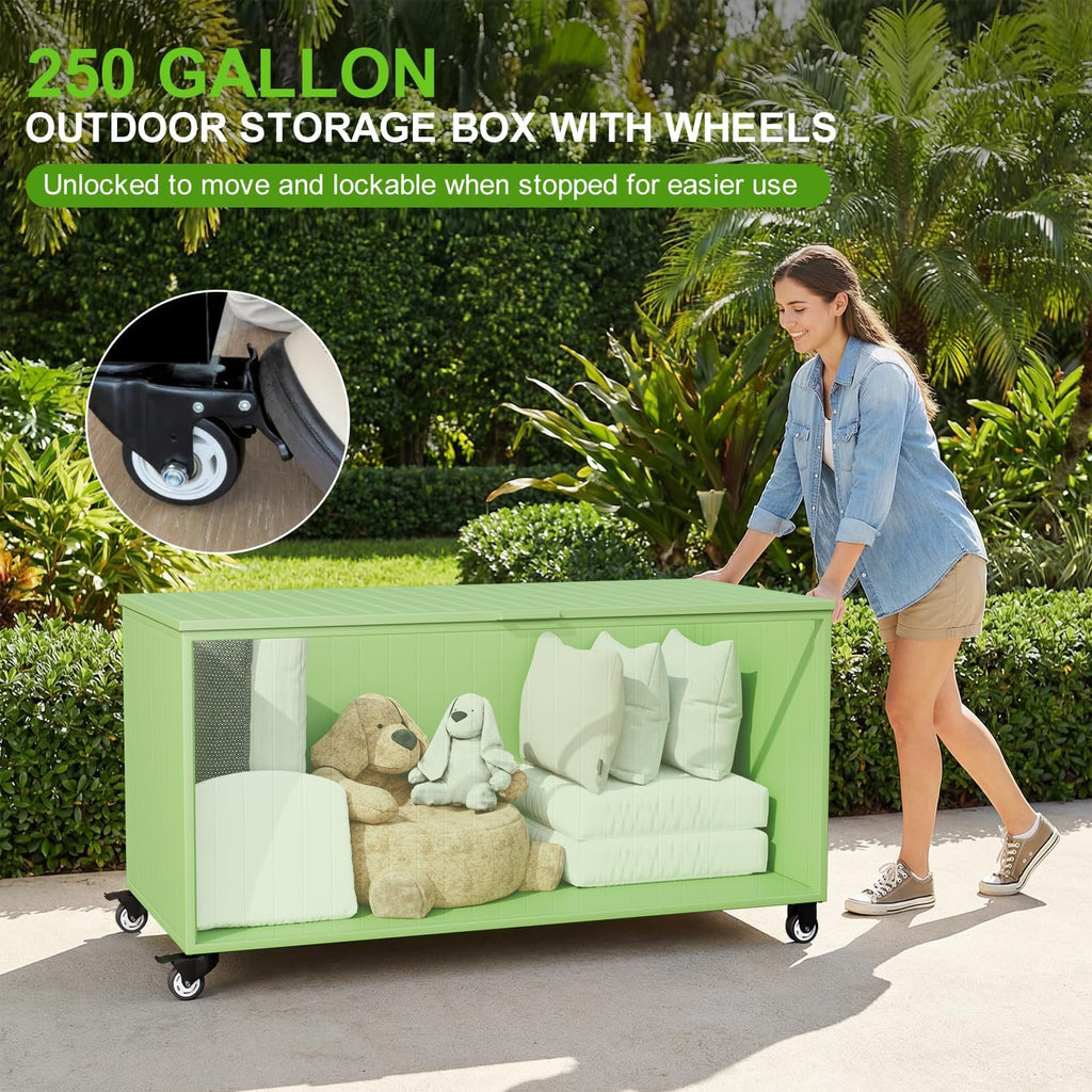 Outdoor Storage Box with Wheels 250 Gallon, Metal Deck Boxes Waterproof, UV Resistant Patio Storage Box with Lid for Patio Furniture, Garden Tools (Green)