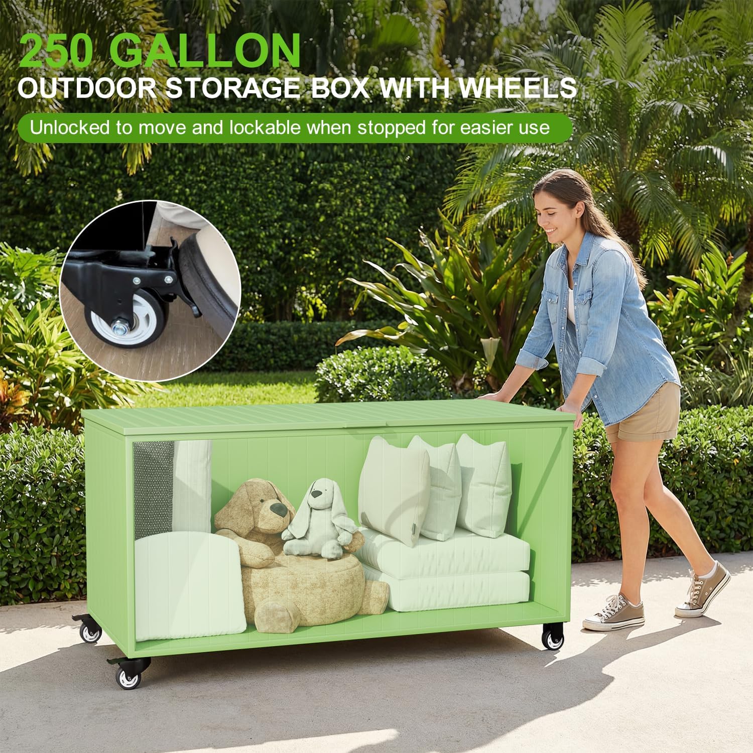 Outdoor Storage Box with Wheels 250 Gallon, Metal Deck Boxes Waterproof, UV Resistant Patio Storage Box with Lid for Patio Furniture, Garden Tools (Green)