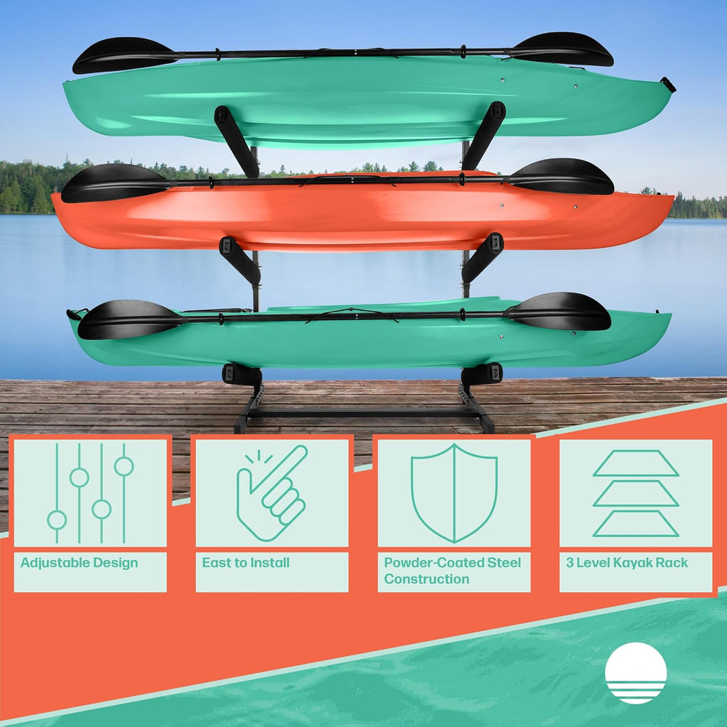 RAD Sportz Freestanding Kayak Storage Rack – Heavy Duty Adjustable Multi-Level Stand with Padded Arms for Kayaks, Canoes & Paddleboards (2, 3 or 4 Tier, Indoor/Outdoor Garage Organizer)