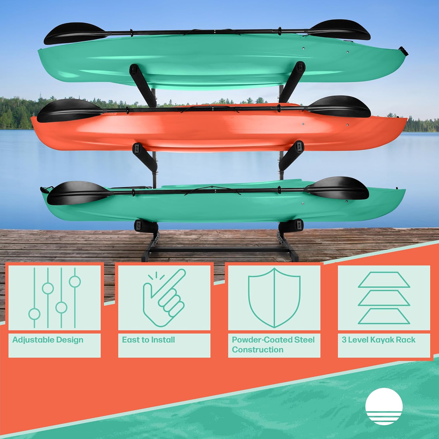 RAD Sportz Freestanding Kayak Storage Rack – Heavy Duty Adjustable Multi-Level Stand with Padded Arms for Kayaks, Canoes & Paddleboards (2, 3 or 4 Tier, Indoor/Outdoor Garage Organizer)