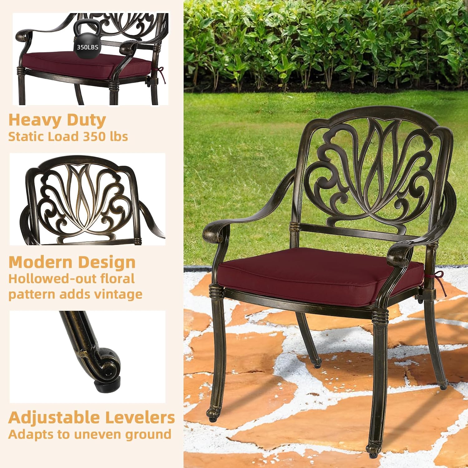 5-Piece Outdoor Patio Dining Set, All-Weather Cast Aluminum Patio Furniture Set for Backyard Garden Deck with 4 Chairs, 4 Cushions and 35.4' Round Table, 2' Umbrella Hole, Red