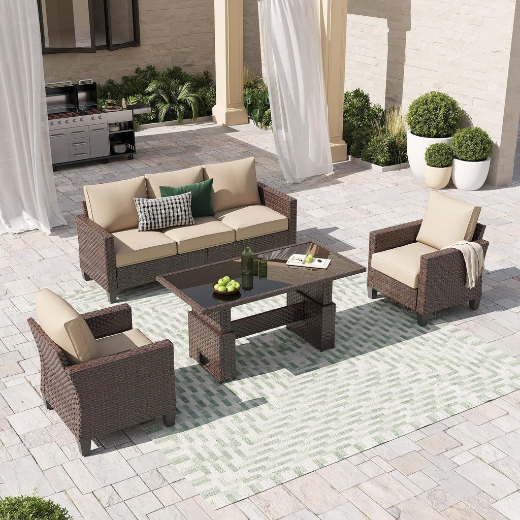 SUNSITT Outdoor Patio Furniture Set 4 Piece Wicker Conversation Set with Lift Coffee Table Sectional Dining Set 3 Seat Sofa Couch with Club Chair, Brown Wicker & Beige Cushion