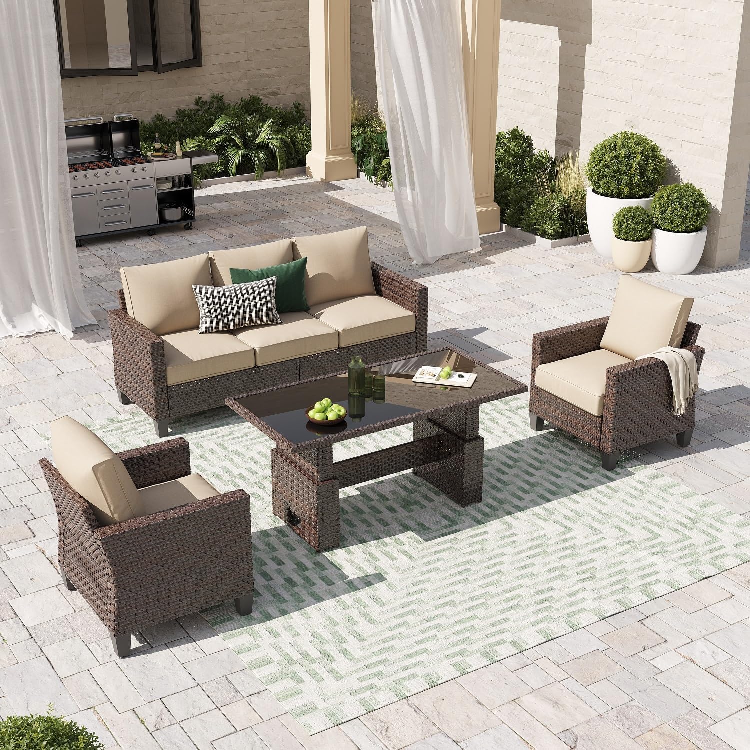 SUNSITT Outdoor Patio Furniture Set 4 Piece Wicker Conversation Set with Lift Coffee Table Sectional Dining Set 3 Seat Sofa Couch with Club Chair, Brown Wicker & Beige Cushion