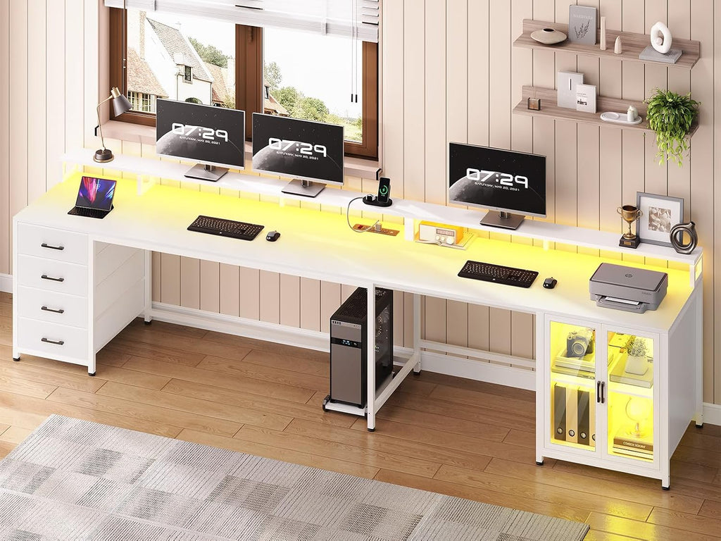 SEDETA L Shaped Gaming Desk with 4 Drawers, 109' Computer Desk with Display Cabinet, Home Office Desks with 2 Monitor Stands, CPU Stand, LED Lights and Power Outlet, White