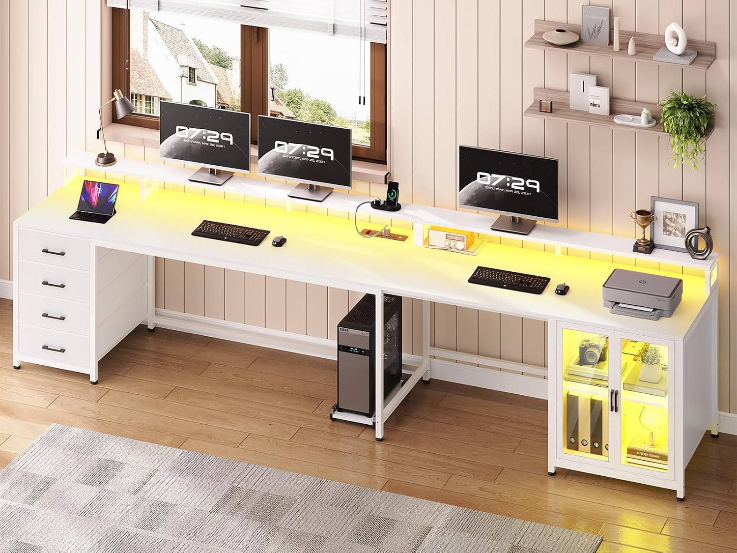 SEDETA L Shaped Gaming Desk with 4 Drawers, 109' Computer Desk with Display Cabinet, Home Office Desks with 2 Monitor Stands, CPU Stand, LED Lights and Power Outlet, White