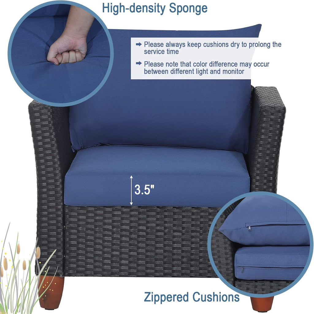 COSTWAY 3 Pieces Patio Rattan Furniture Set, Outdoor Wicker Conversation Chairs Set with Acacia Wood Coffee Table & Washable Cushion, Porch Furniture Bistro Set for Balcony, Garden, Backyard, Navy