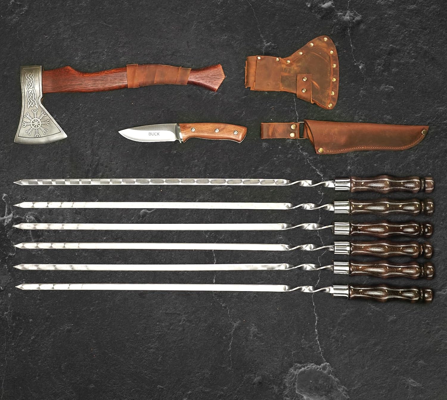 Grilling Supplies for BBQ - Outdoor Skewers Set for BBQ - Premium Barbecue Skewers Tool Sets Grill Utensils - Outdoor Grilling Set - Grill Skewers Set with Leather Case Chieftain