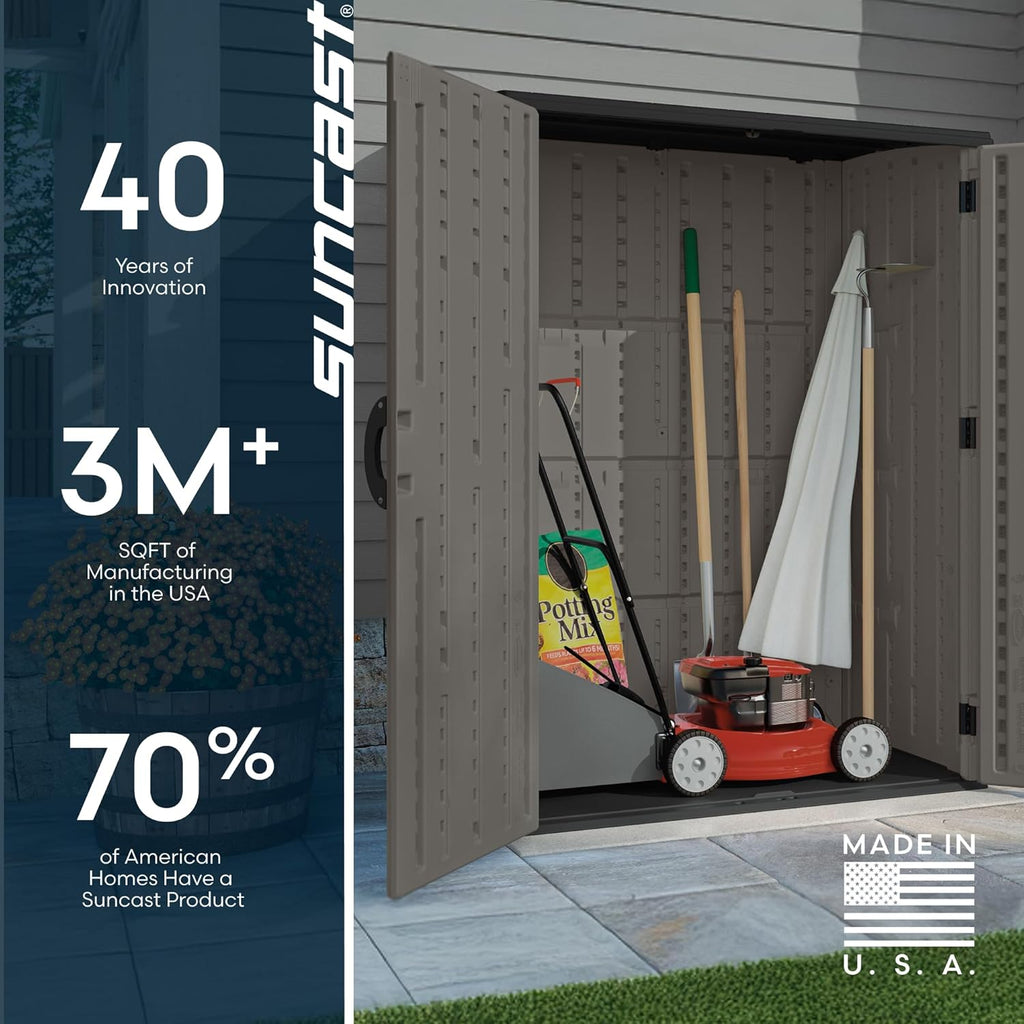 Suncast Outdoor Storage Cabinet Waterproof Resin Vertical Outdoor Storage Shed (54 cu. ft.) for Patio, Garden Tools, Cushions, & Equipment. Weatherproof Plastic Multi-Wall Design, Capacity Made in USA