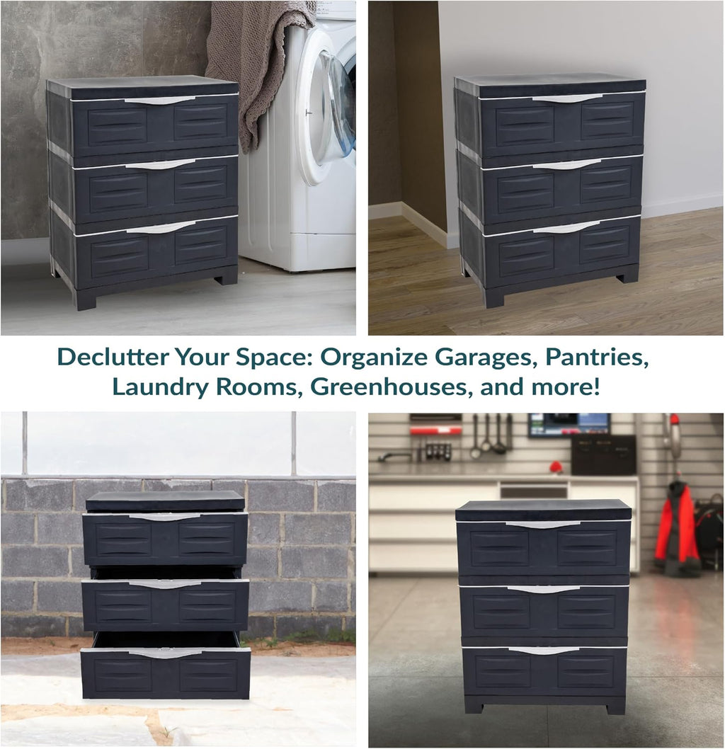 Sunnydaze 29.5' H 3-Tier Storage Cabinet with Drawers - Resin Storage Drawers Organizer - for Garage, Office, Home, Laundry Room - Charcoal